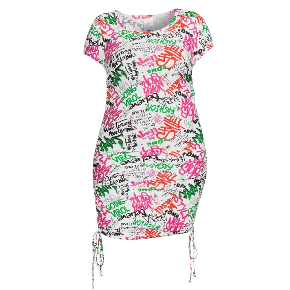 Jr. Plus size drawstring short sleeve bodycon graffiti dress with face mask
